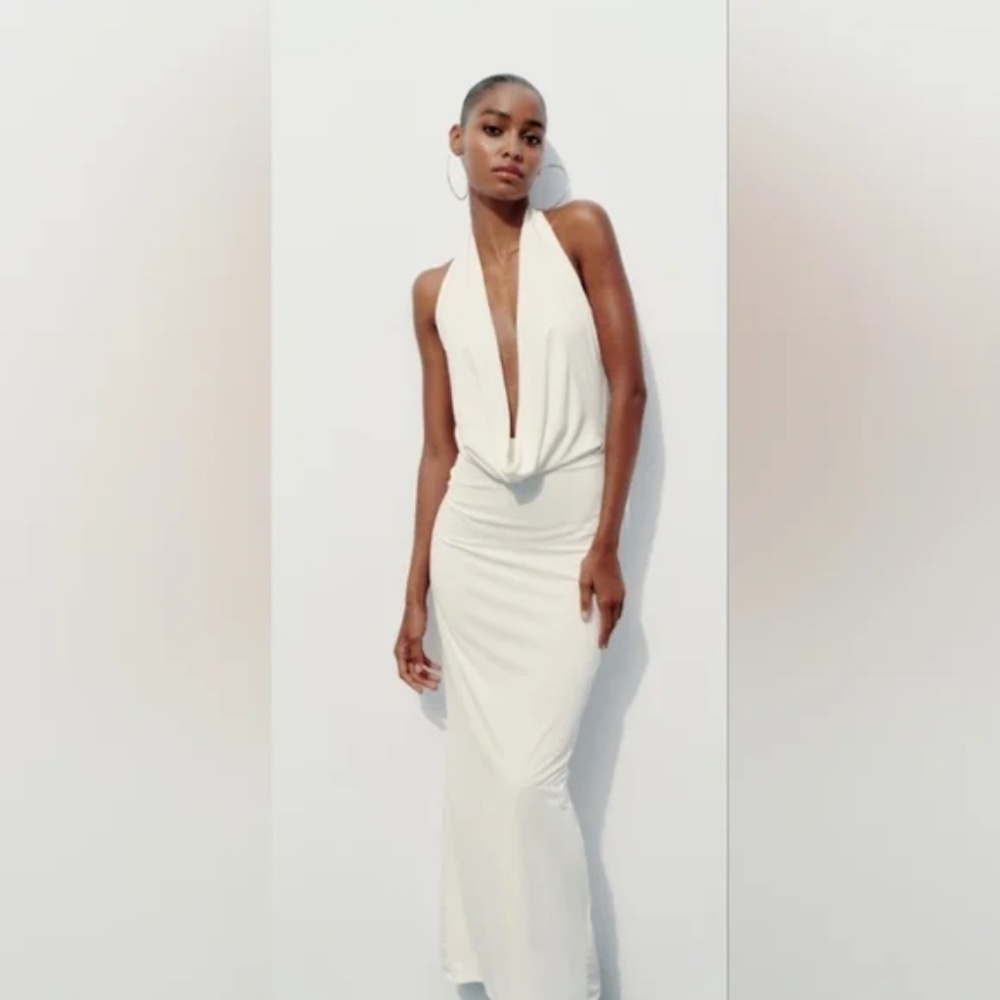 Zara White Draped Halter Dress, Large